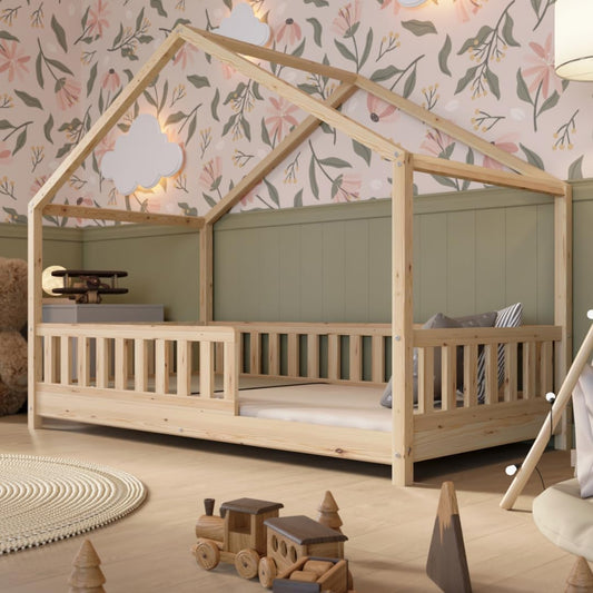 Crazy Pine Hausbett Kinderbett Montessori mit Rausfallschutz, Massivholz, höhenverstellbar, Lattenrost inklusive