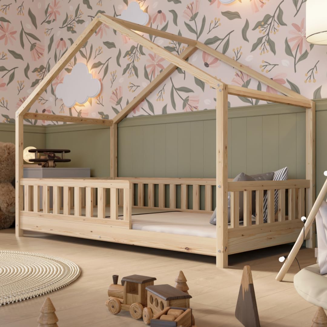 Crazy Pine Hausbett Kinderbett Montessori mit Rausfallschutz, Massivholz, höhenverstellbar, Lattenrost inklusive