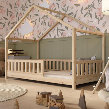 Crazy Pine Hausbett Kinderbett Montessori mit Rausfallschutz, Massivholz, höhenverstellbar, Lattenrost inklusive