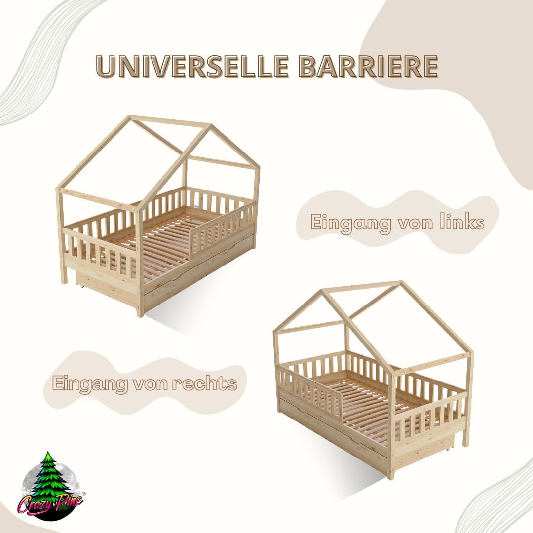 Hausbett Kinderbett Montessori mit Schubladen, Naturholz Kinderzimmer Bett Crazy House