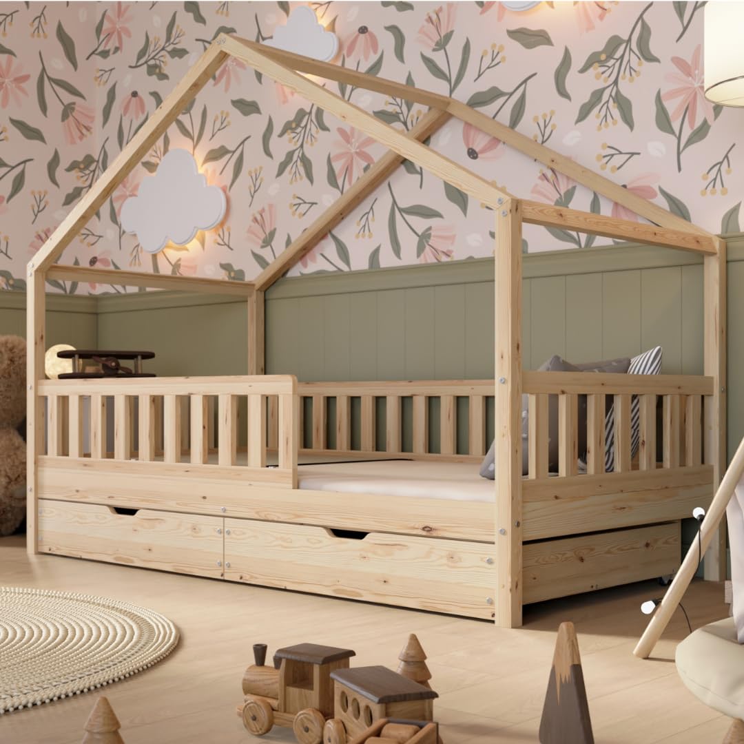 Crazy Pine Hausbett Kinderbett Montessori mit Rausfallschutz, Massivholz, höhenverstellbar, Lattenrost inklusive