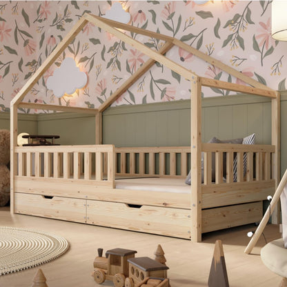 Crazy Pine Hausbett Kinderbett Montessori mit Rausfallschutz, Massivholz, höhenverstellbar, Lattenrost inklusive