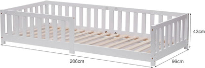ecomi Kinderbett Montessori Bodenbett Massivholz mit Rausfallschutz und Lattenrost, Skandinavisches Design, für Mädchen und Jungen
