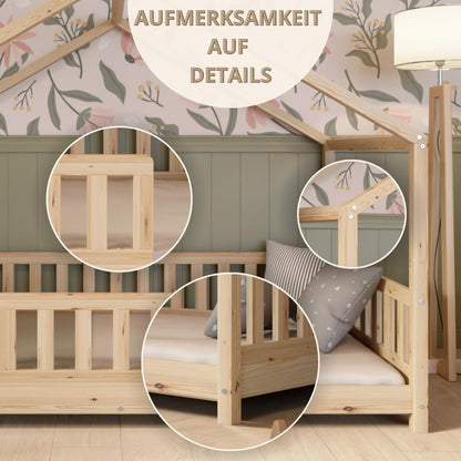 Crazy Pine Hausbett Kinderbett Montessori mit Rausfallschutz, Massivholz, höhenverstellbar, Lattenrost inklusive