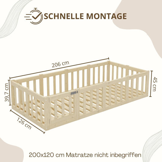 Kinderbett 120x200 cm – Montessori Bodenbett mit Rausfallschutz 40cm und Öffnbarer Barriere - Weiß mit Glatter Oberfläche - Perfekt für Jungen und Mädchen Crazy Johnny