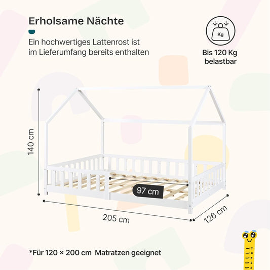 [en.casa] Montessori Kinderbett Hausbett aus Holz mit Rausfallschutz & Lattenrost – Bodenbett für Kinder