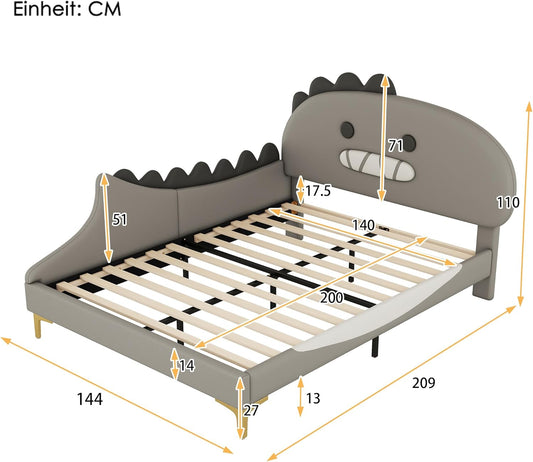 Bett 140x200 mit Lattenrost Kinder Mädchen Doppelbett, Kinderbett, Dinosaurierform, Bettgestell, Jugendbett, Bett für Jungen und Mädchen, PU, ohne Matratze