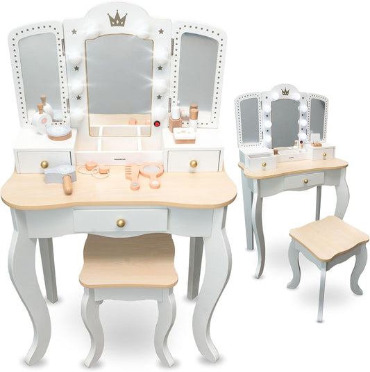 Mamabrum XXL Kinder Schminktisch aus Holz mit LED-Spiegel, Hocker & Beauty Zubehör