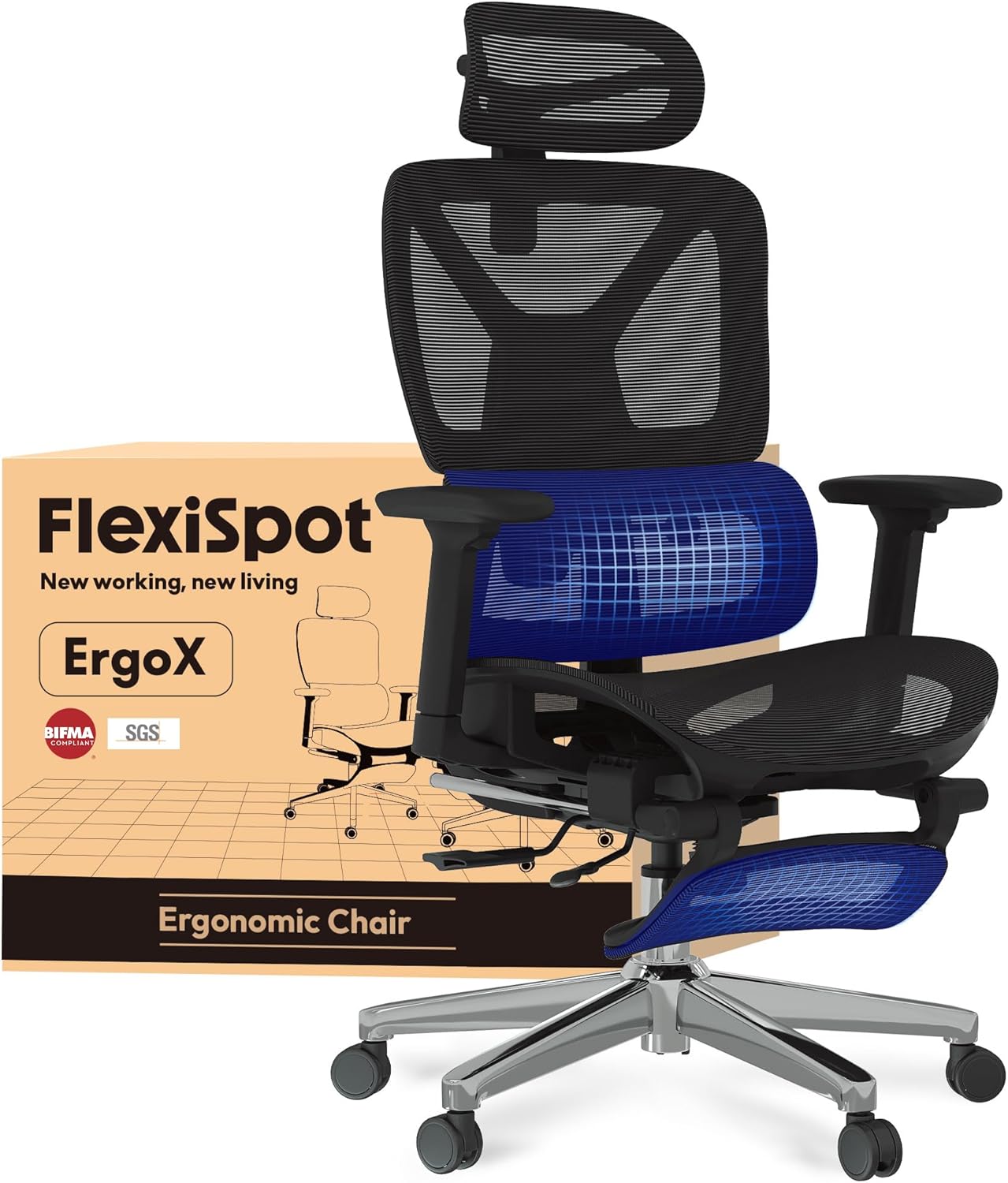 FLEXISPOT ErgoX Ergonomischer Bürostuhl mit Fußstütze – 5D-Rückenlehne, 3D-Armlehnen, Atmungsaktiv