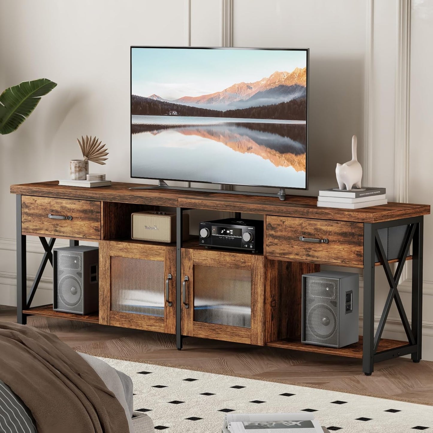 Generisch TV Lowboard Industrial Stil, Braun, 180 cm, Holz & Metall, für 60–70 Zoll Fernseher
