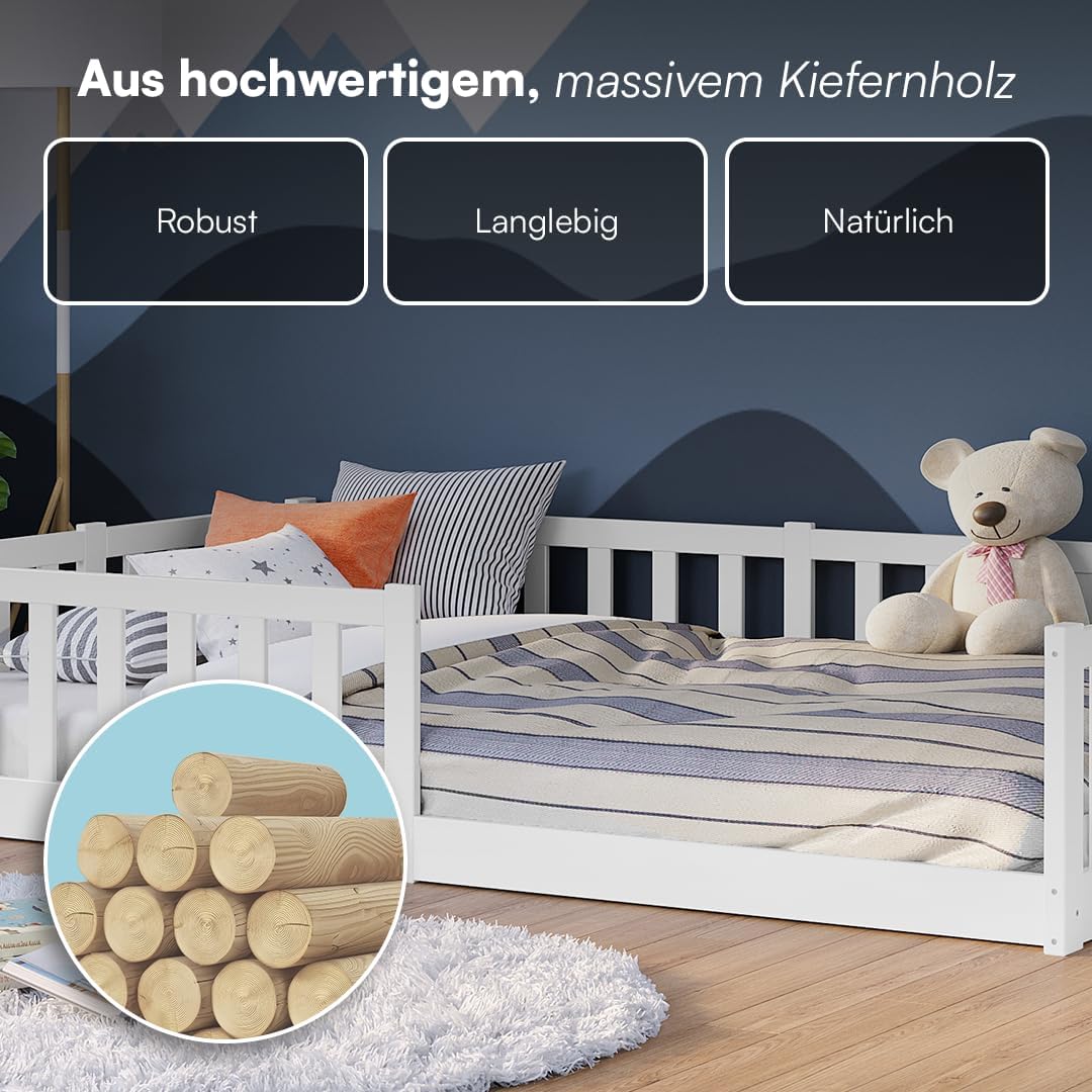 Bellabino Montessori Bodenbett für Kinder aus Kiefernholz mit Rausfallschutz & Lattenrost, 120x200 cm, Weiß