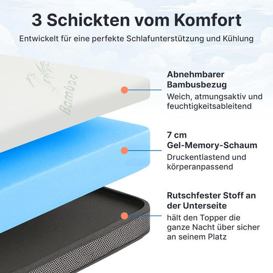 MKS Gel-Topper mit Memory-Schaum – 7 cm Matratzentopper, H2/H3, 3D-Luftstrom, Bambusbezug