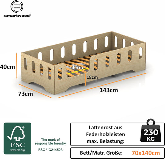 smartwood Bodenbett 70x140 Montessori Kinderbett aus Holz mit FSC-Zertifikat TILA 2L mit Rausfallschutz & Lattenrost bis 230kg belastbar - Einfache Montage