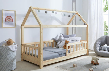 TiCAA Kinderbett Hausbett Montessori Bodenbett aus Massivholz mit Rausfallschutz