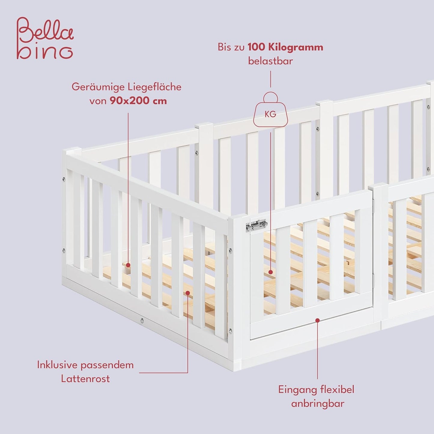 Bellabino Montessori Kinderbett Bodenbett aus Kiefer Massivholz mit Rausfallschutz & Lattenrost