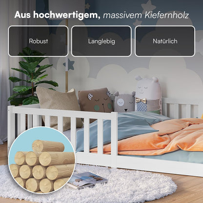 Bellabino Vere Montessori Bodenbett 140x200 cm Weiß – Kinderbett aus Kiefer mit Rausfallschutz & Lattenrost