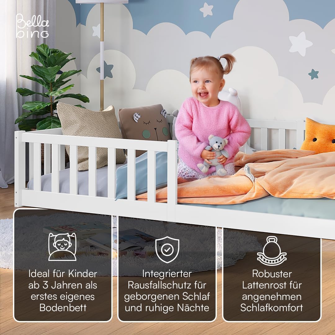 Bellabino Vere Montessori Bodenbett 140x200 cm Weiß – Kinderbett aus Kiefer mit Rausfallschutz & Lattenrost
