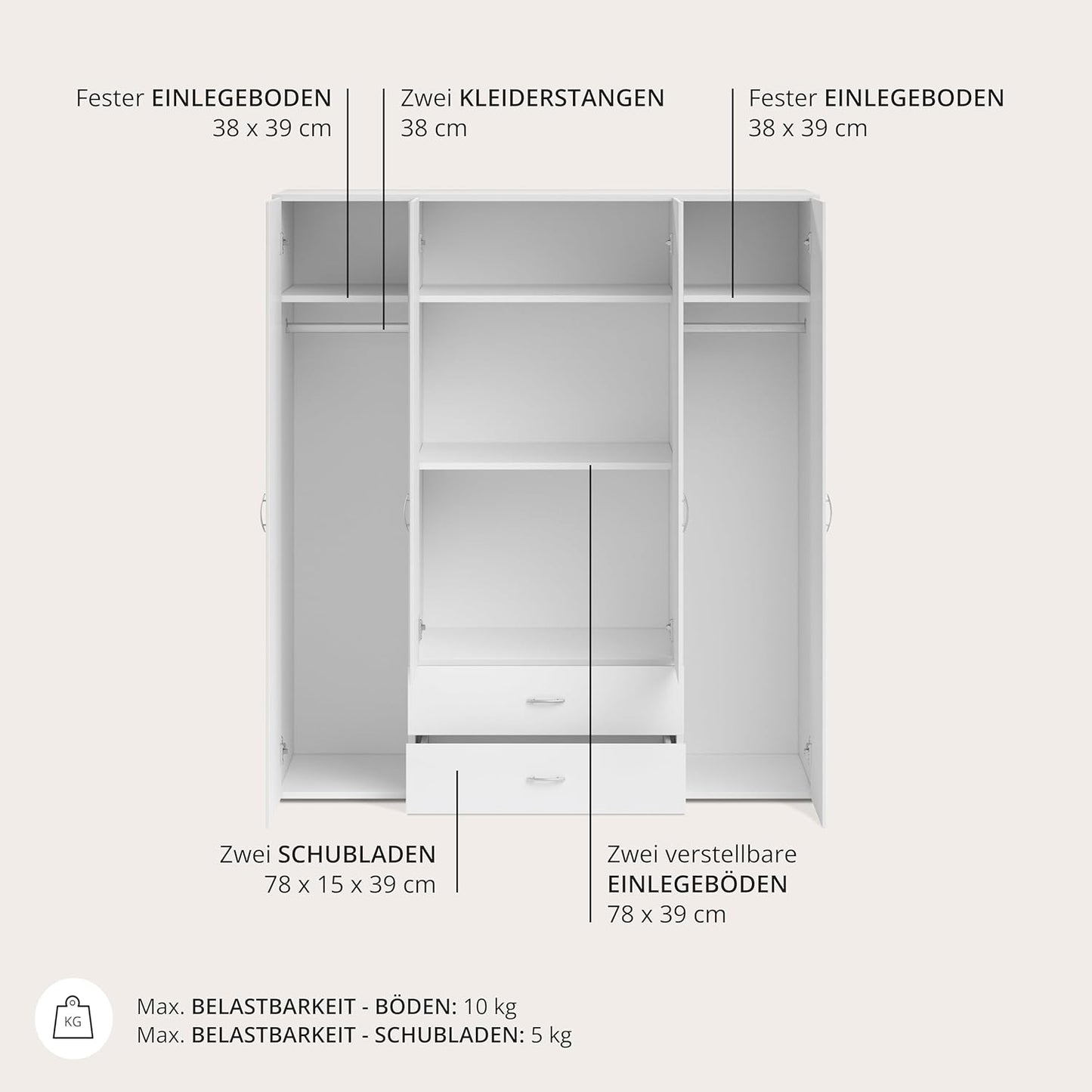 Stella Trading Kleiderschrank mit Drehtüren – Holzschrank für Schlafzimmer, zeitloses Design