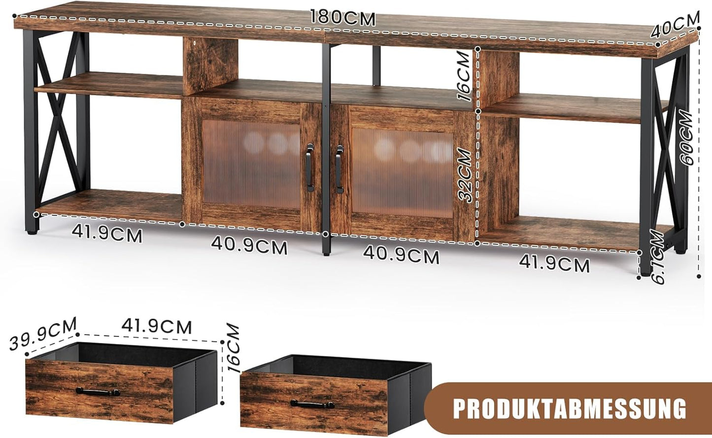 Generisch TV Lowboard Industrial Stil, Braun, 180 cm, Holz & Metall, für 60–70 Zoll Fernseher