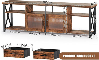 Generisch TV Lowboard Industrial Stil, Braun, 180 cm, Holz & Metall, für 60–70 Zoll Fernseher