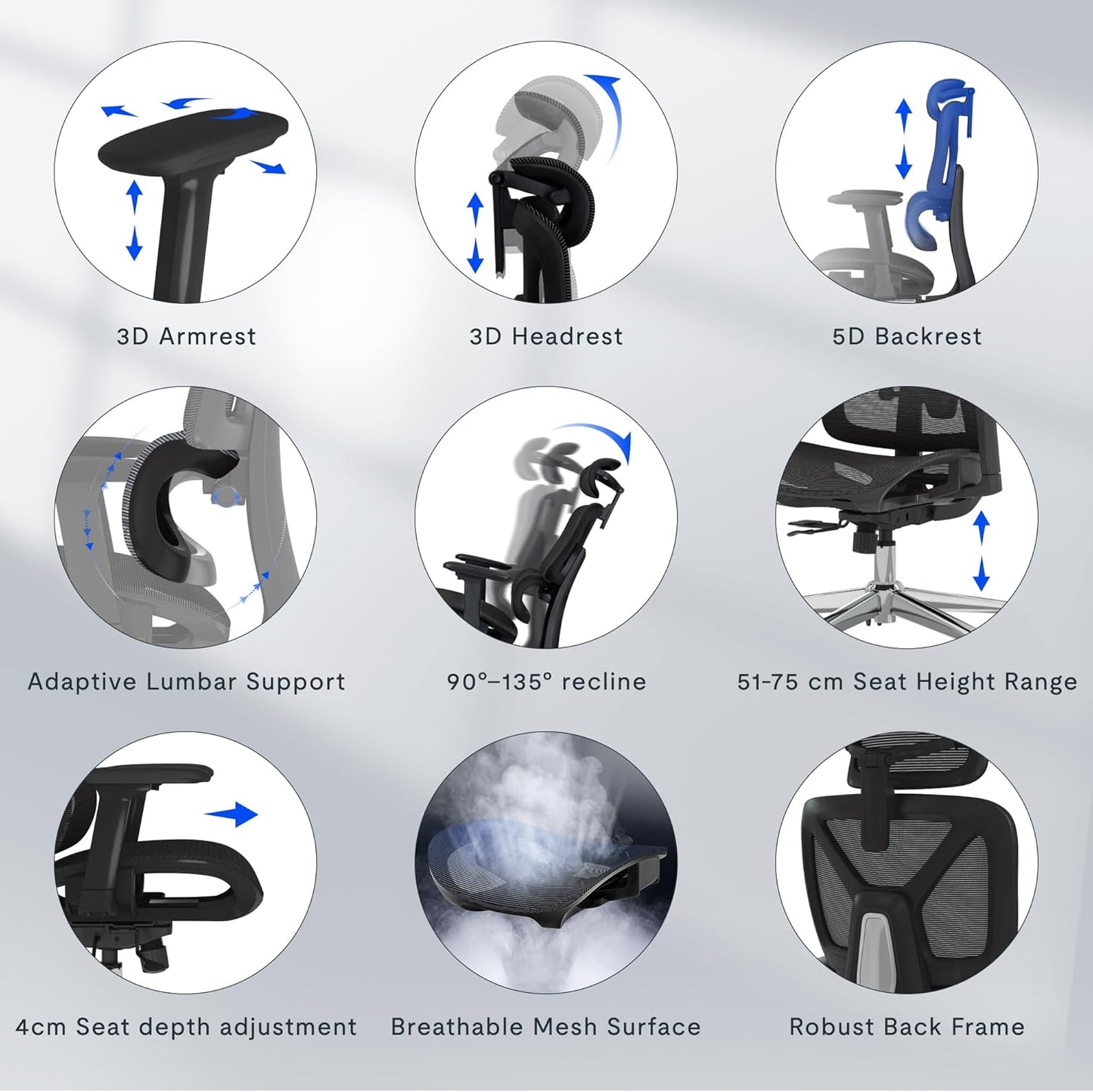 FLEXISPOT ErgoX Ergonomischer Bürostuhl mit Fußstütze – 5D-Rückenlehne, 3D-Armlehnen, Atmungsaktiv