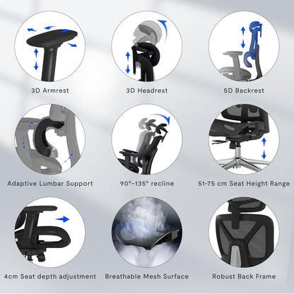 FLEXISPOT ErgoX Ergonomischer Bürostuhl mit Fußstütze – 5D-Rückenlehne, 3D-Armlehnen, Atmungsaktiv