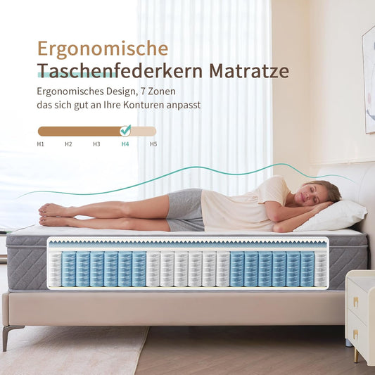 Hiepunos Taschenfederkernmatratze – 7-Zonen Hybridmatratze H4, orthopädisch, atmungsaktiv, 22 cm