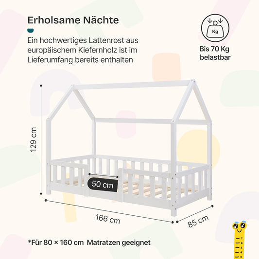 [en.casa] Kinderbett Montessori Hausbett Kiefernholz mit Rausfallschutz und Lattenrost für Kinder Bodenbett Weiß