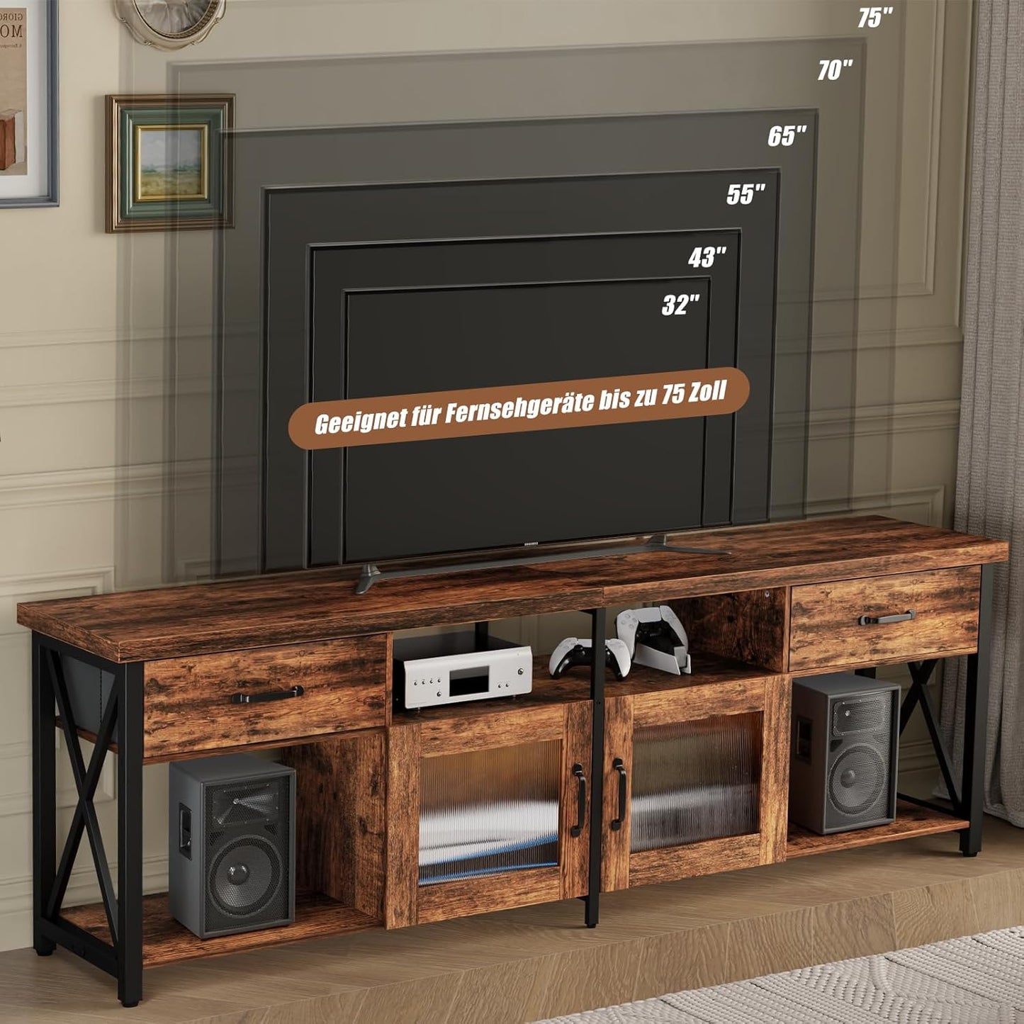 Generisch TV Lowboard Industrial Stil, Braun, 180 cm, Holz & Metall, für 60–70 Zoll Fernseher