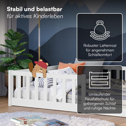 Bellabino Montessori Bodenbett für Kinder aus Kiefernholz mit Rausfallschutz & Lattenrost, 120x200 cm, Weiß