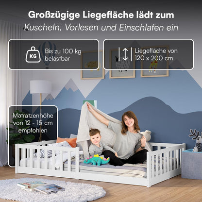 Bellabino Montessori Bodenbett für Kinder aus Kiefernholz mit Rausfallschutz & Lattenrost, 120x200 cm, Weiß