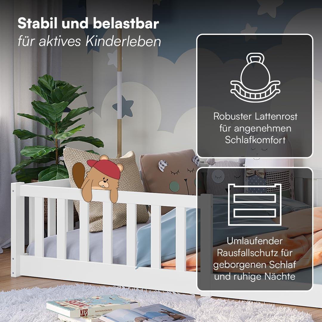 Bellabino Vere Montessori Bodenbett 140x200 cm Weiß – Kinderbett aus Kiefer mit Rausfallschutz & Lattenrost