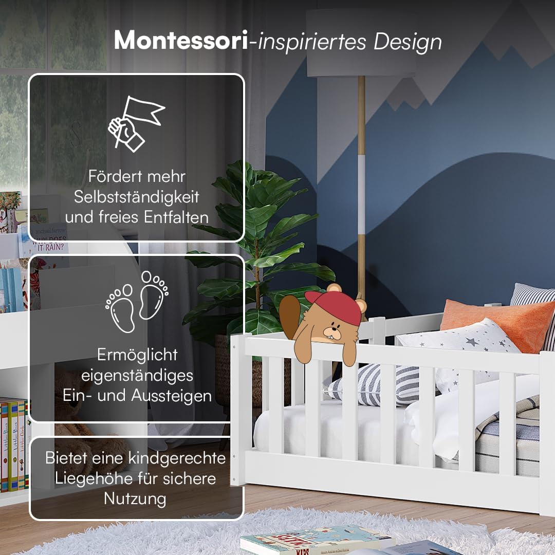 Bellabino Montessori Bodenbett für Kinder aus Kiefernholz mit Rausfallschutz & Lattenrost, 120x200 cm, Weiß