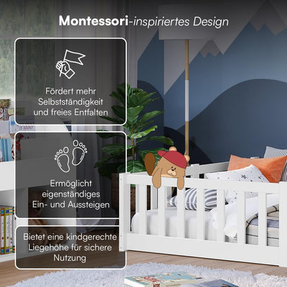 Bellabino Montessori Bodenbett für Kinder aus Kiefernholz mit Rausfallschutz & Lattenrost, 120x200 cm, Weiß