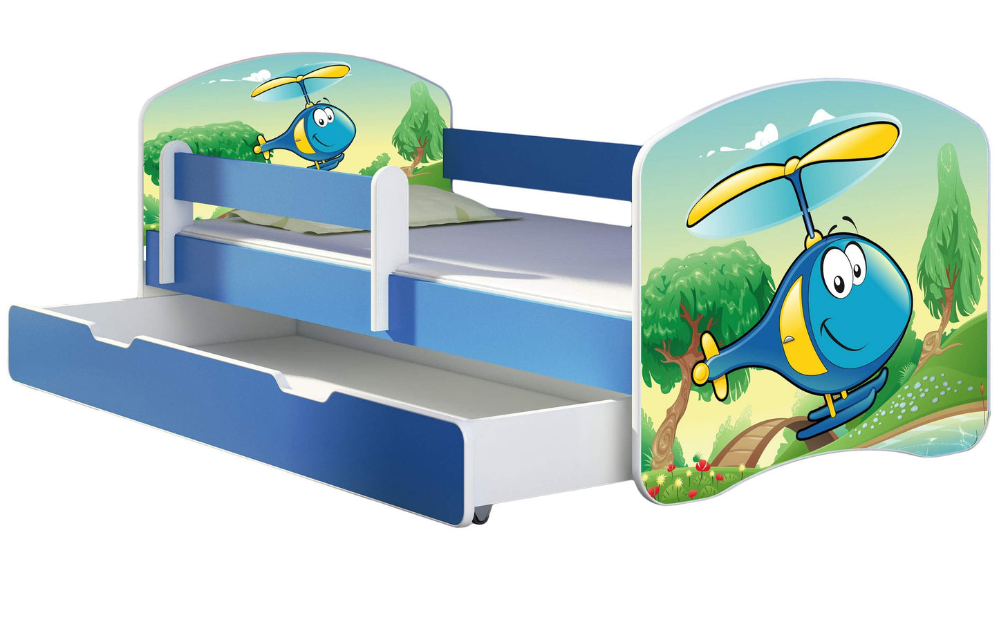 ACMA Kinderbett Jugendbett mit Einer Schublade und Matratze Blau mit Rausfallschutz Lattenrost II 140x70 160x80 180x80 (36 Feuerwehr, 160x80)