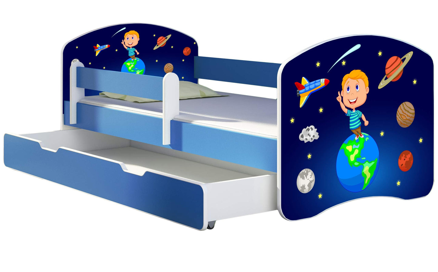 ACMA Kinderbett Jugendbett mit Einer Schublade und Matratze Blau mit Rausfallschutz Lattenrost II 140x70 160x80 180x80 (36 Feuerwehr, 160x80)
