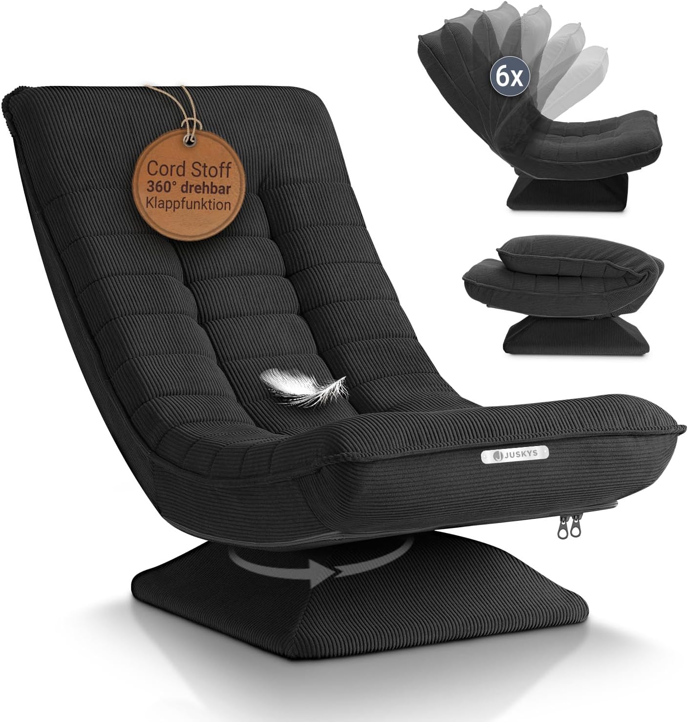 JUSKYS Relaxsessel Korsika, Cord, 360° drehbar & klappbar, Dunkelgrau, Metallrahmen
