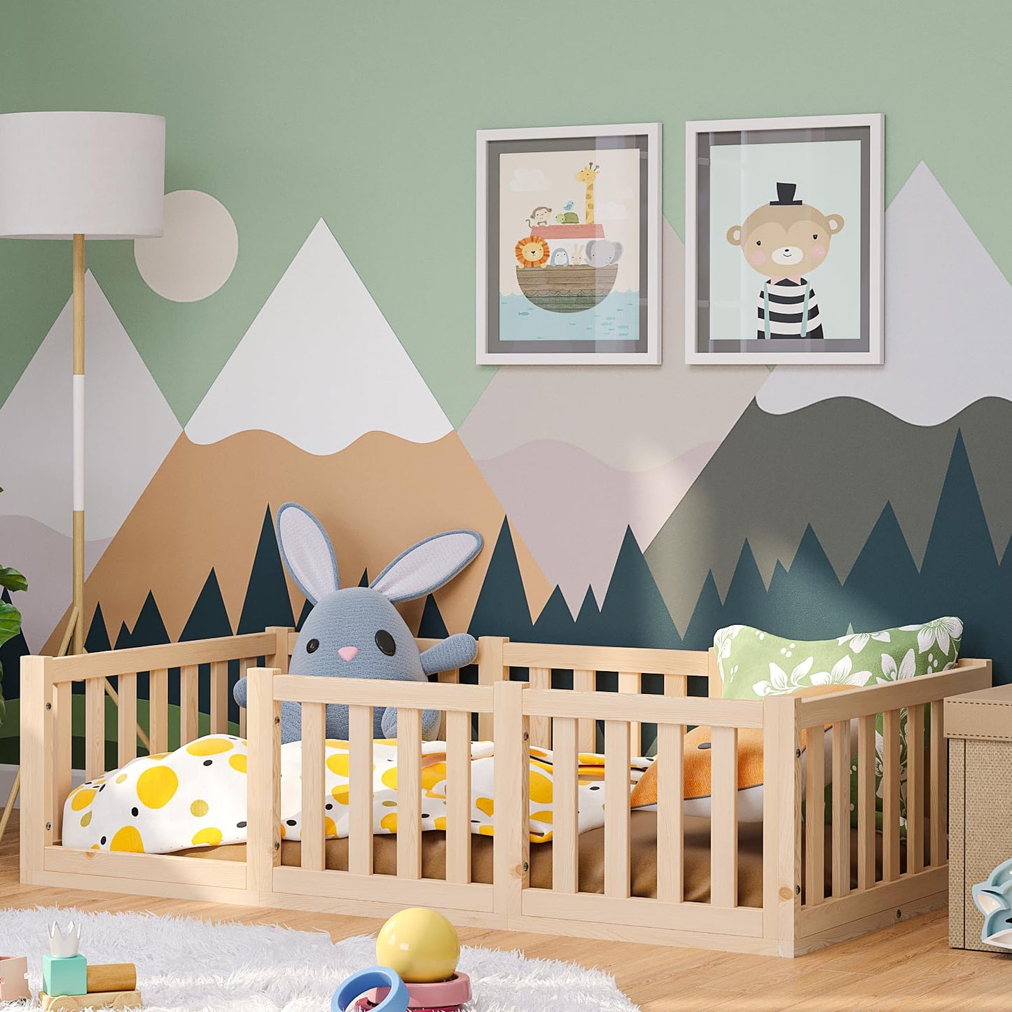Bellabino Montessori Kinderbett Bodenbett aus Kiefer Massivholz mit Rausfallschutz & Lattenrost