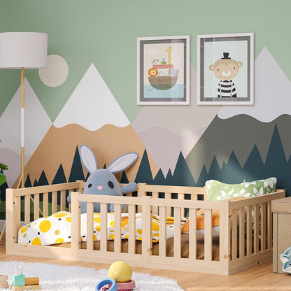 Bellabino Montessori Kinderbett Bodenbett aus Kiefer Massivholz mit Rausfallschutz & Lattenrost
