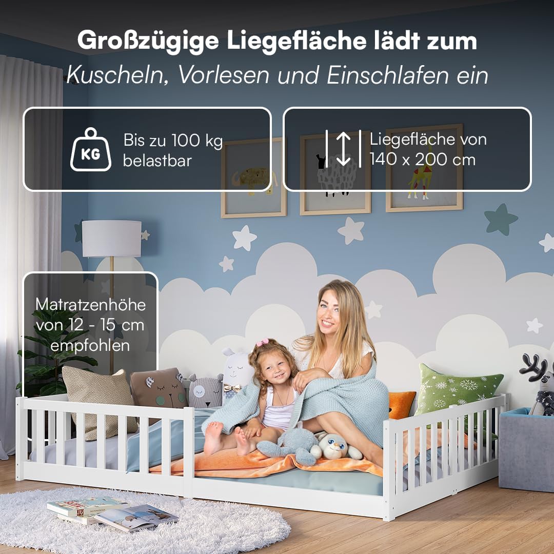 Bellabino Vere Montessori Bodenbett 140x200 cm Weiß – Kinderbett aus Kiefer mit Rausfallschutz & Lattenrost