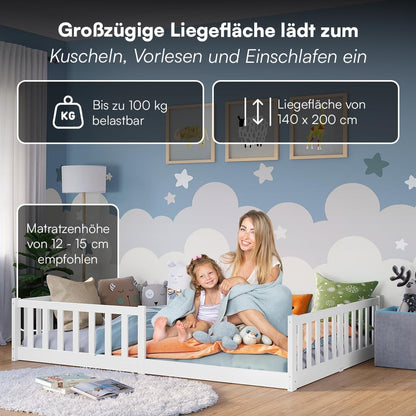 Bellabino Vere Montessori Bodenbett 140x200 cm Weiß – Kinderbett aus Kiefer mit Rausfallschutz & Lattenrost