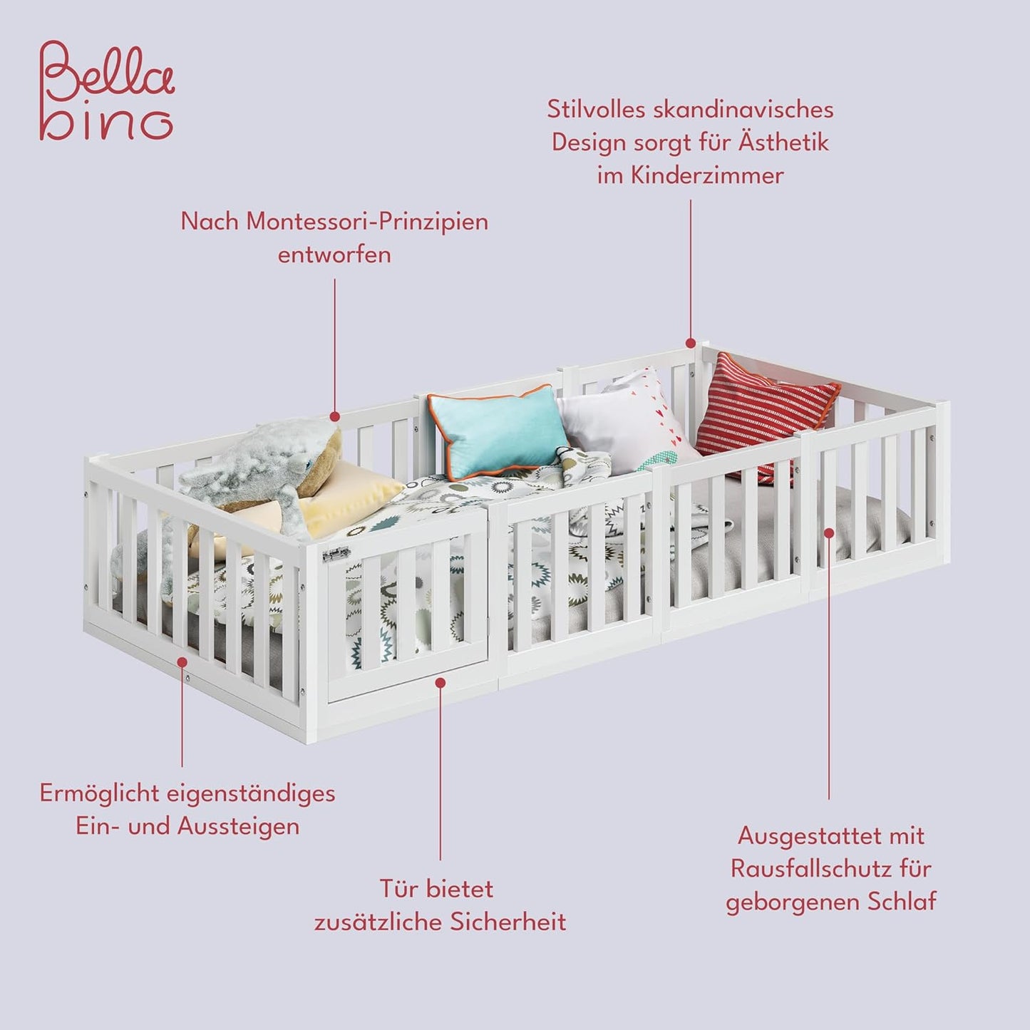 Bellabino Montessori Kinderbett Bodenbett aus Kiefer Massivholz mit Rausfallschutz & Lattenrost