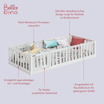 Bellabino Montessori Kinderbett Bodenbett aus Kiefer Massivholz mit Rausfallschutz & Lattenrost