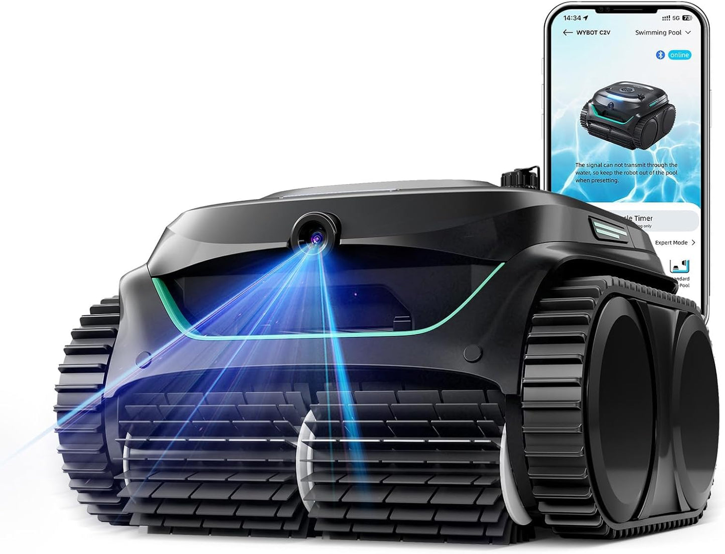 WYBOT C2 Vision AI Kamera Kabelloser poolroboter mit Akku, poolroboter Boden und Wand, Zweischicht-Filterung, leistungsstarke Absaugung, für Eingelassene Pools bis zu 180㎡(Schwarz Grün)