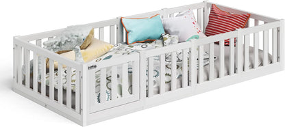Bellabino Montessori Kinderbett Bodenbett aus Kiefer Massivholz mit Rausfallschutz & Lattenrost