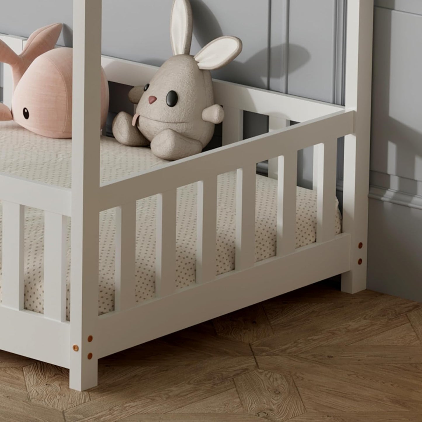 ecomi Montessori Hausbett Kinder aus Kiefernholz mit Rausfallschutz & Lattenrost