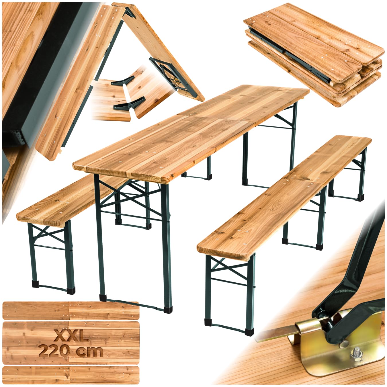 tectake Bierzeltgarnitur mit Lehne – Klappbares Gartenmöbel Set aus Holz & Stahl für bis zu 8 Personen