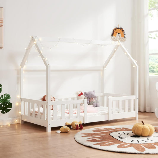 [en.casa] Kinderbett Montessori Hausbett Kiefernholz mit Rausfallschutz und Lattenrost für Kinder Bodenbett Weiß