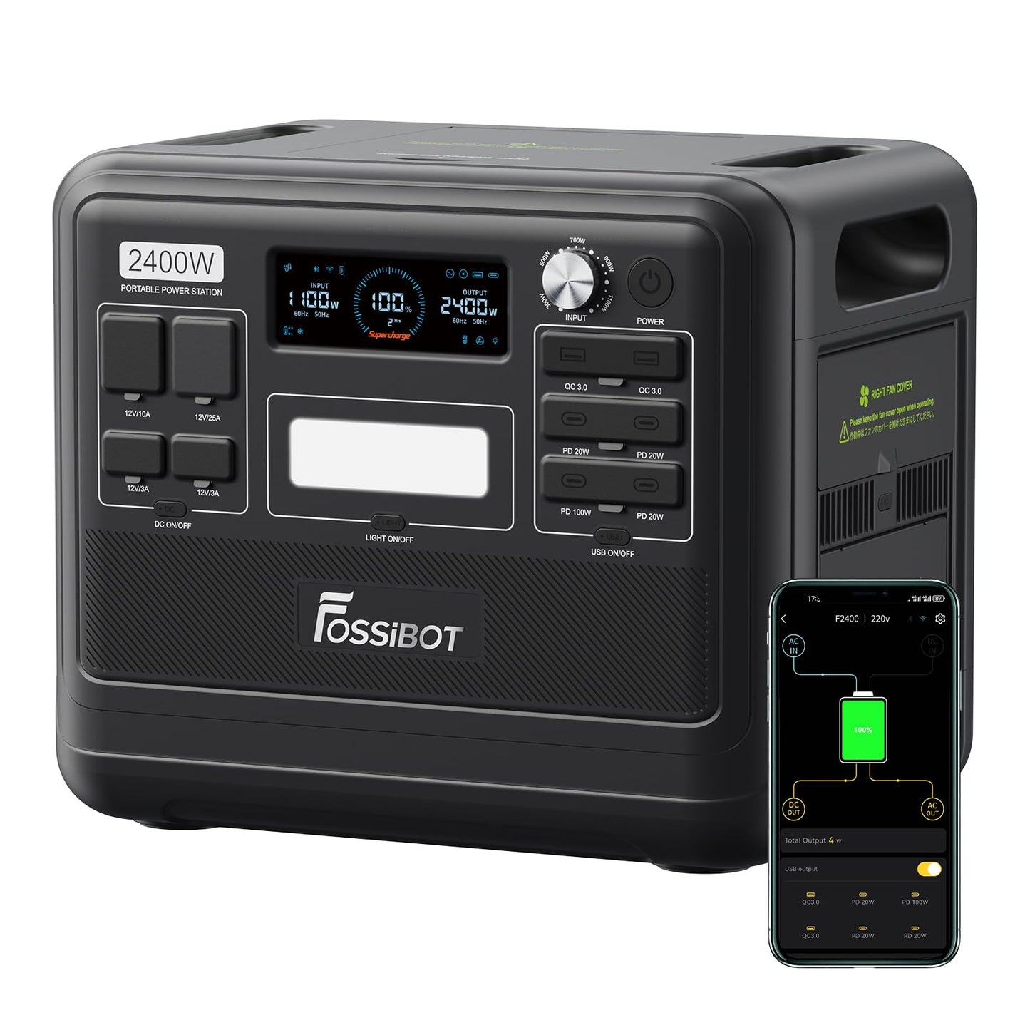 FOSSiBOT F2400 Solargenerator mit Solar panel 400W, 2048Wh, LiFePO4 Tragbare Powerstation, 3 Ausgang AC 2400W (4800W Peak), 1100W Schnellladung, Power Station für Camping, Reisen