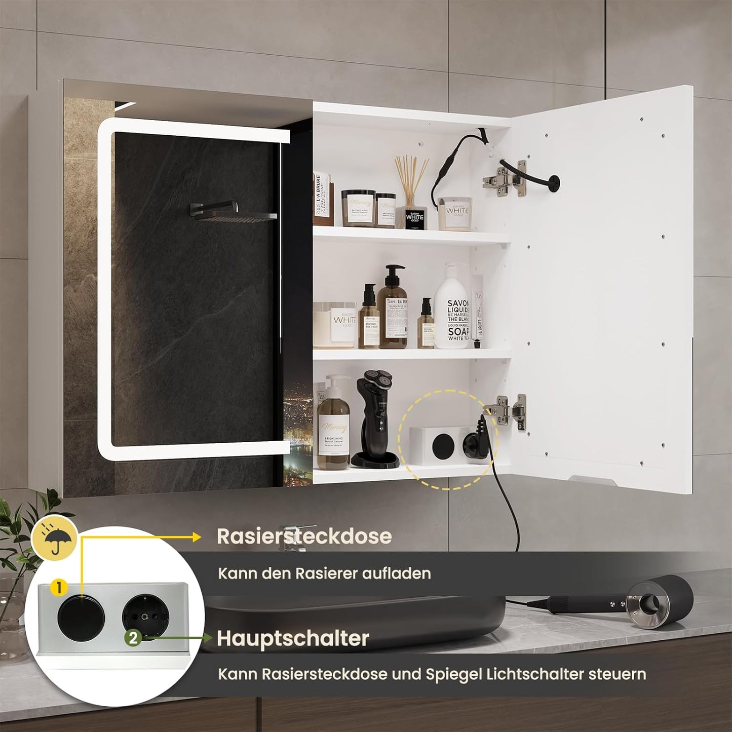 DICTAC LED Spiegelschrank Bad mit Steckdose und Touch-Sensor